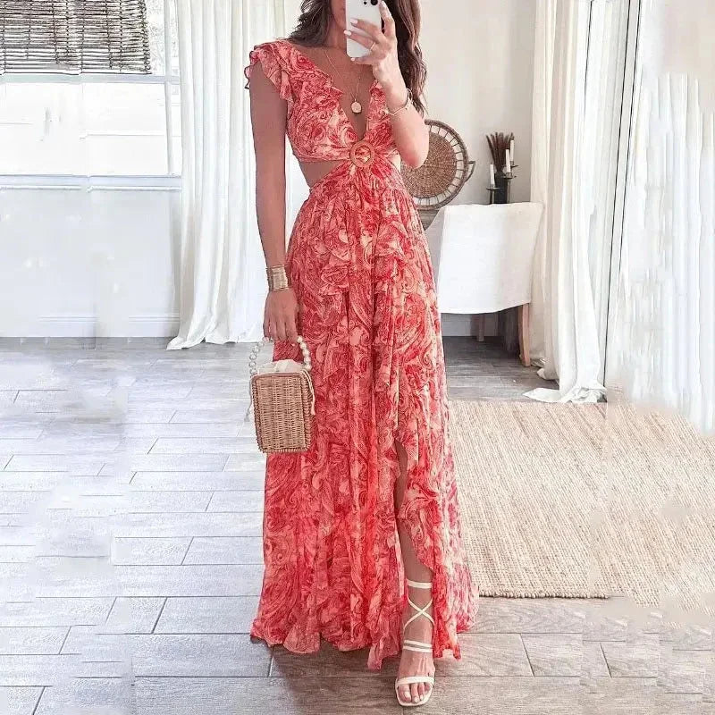 Vestido largo floral con aberturas y cuello en V elegante