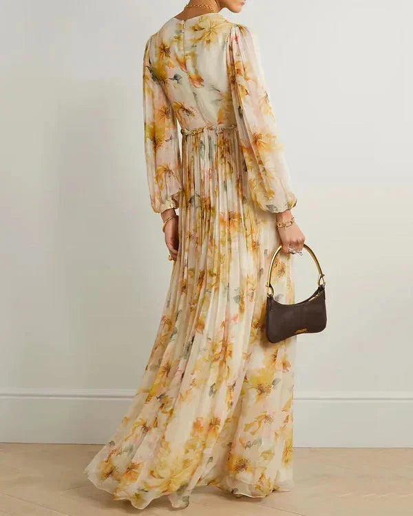 Vestido largo mujer floral beige escote en V y abertura