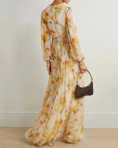 Vestido largo mujer floral beige escote en V y abertura