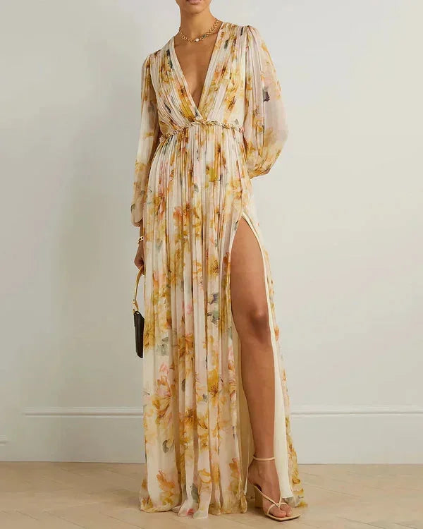 Vestido largo mujer floral beige escote en V y abertura