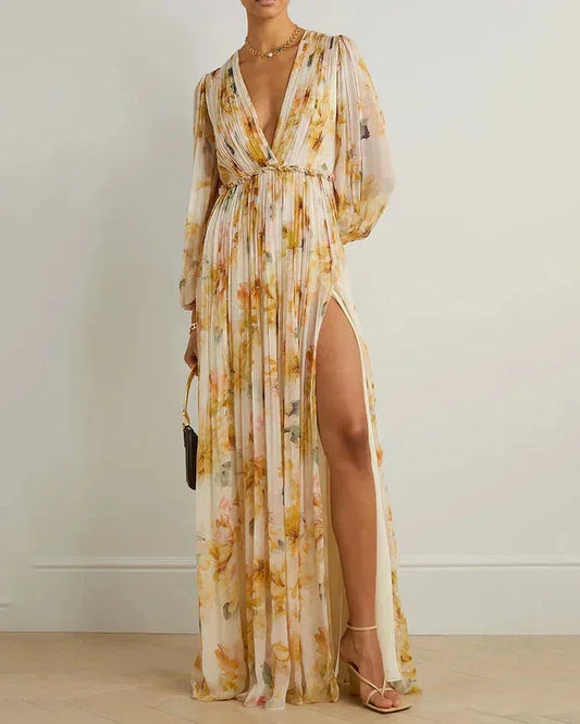 Vestido largo mujer floral beige escote en V y abertura