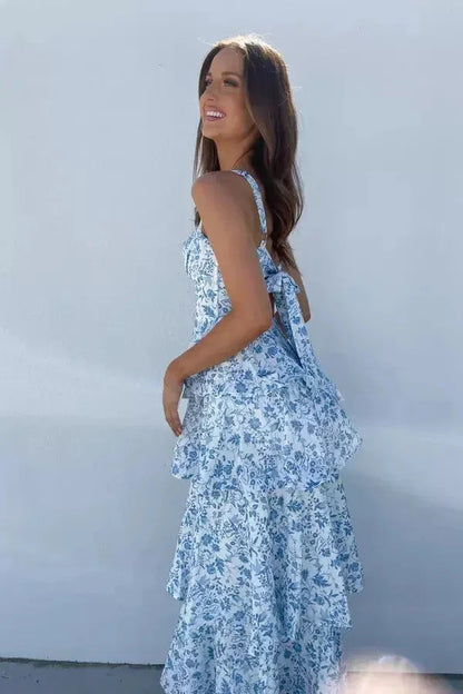 Vestido largo mujer con volantes y motivos florales verano