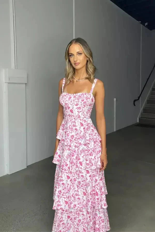 Vestido largo mujer con volantes y motivos florales verano