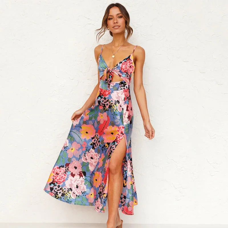 Vestido largo mujer espalda abierta con tirantes anudados