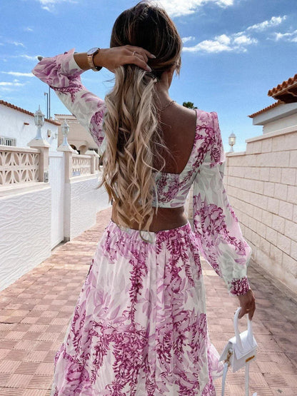 Vestido largo mujer floral mangas largas cuello en V con abertura