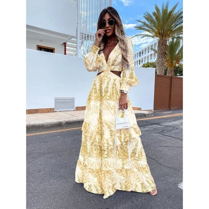 Vestido largo mujer floral mangas largas cuello en V con abertura