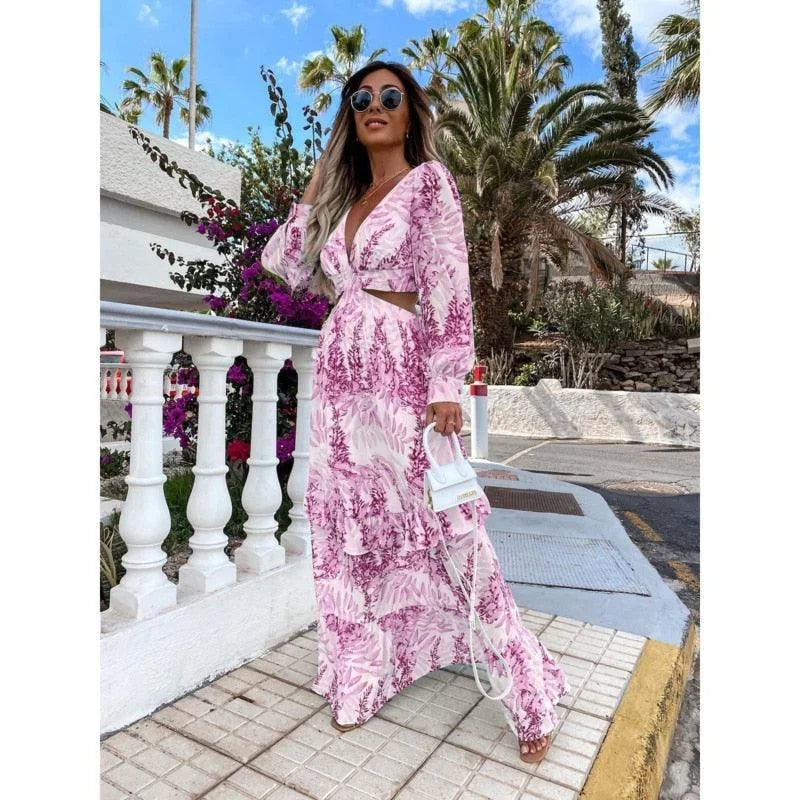 Vestido largo mujer floral mangas largas cuello en V con abertura