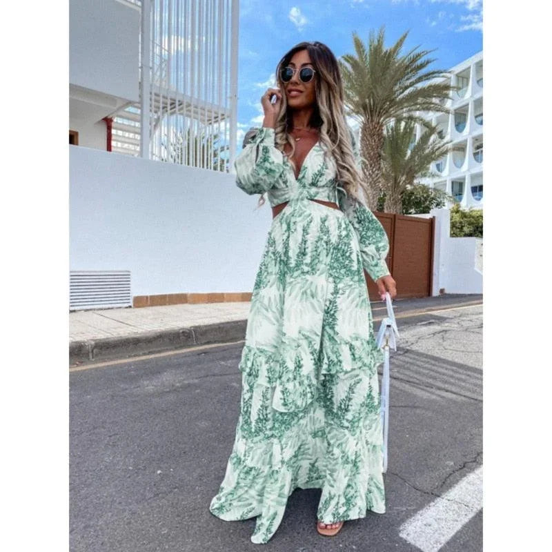 Vestido largo mujer floral mangas largas cuello en V con abertura