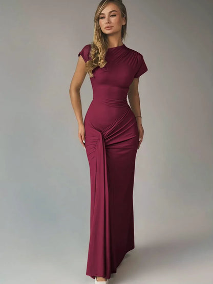 Vestido largo fluido de mujer fruncido con mangas cortas para fiesta