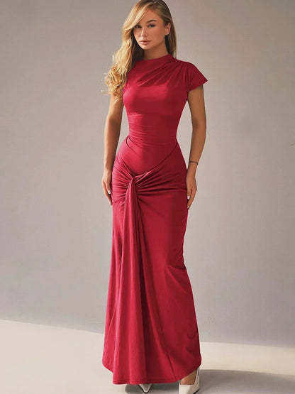 Vestido largo fluido de mujer fruncido con mangas cortas para fiesta
