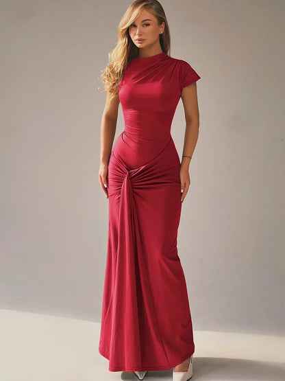 Vestido largo fluido de mujer fruncido con mangas cortas para fiesta