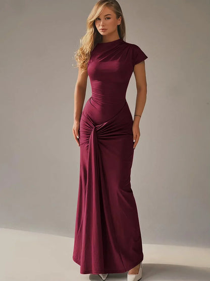 Vestido largo fluido de mujer fruncido con mangas cortas para fiesta