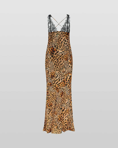 Vestido largo de noche leopardo encaje y tirantes finos