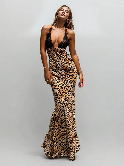 Vestido largo de noche leopardo encaje y tirantes finos