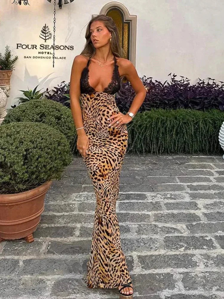 Vestido largo con estampado de leopardo, escote profundo y sin mangas