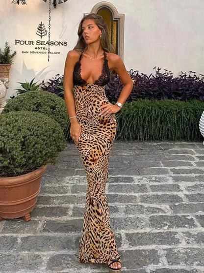 Vestido largo con estampado de leopardo, escote profundo y sin mangas