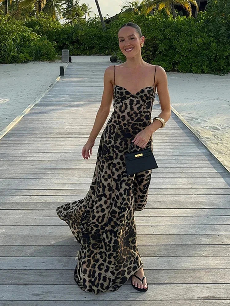 Vestido largo mujer estampado leopardo tirantes finos fluido de noche