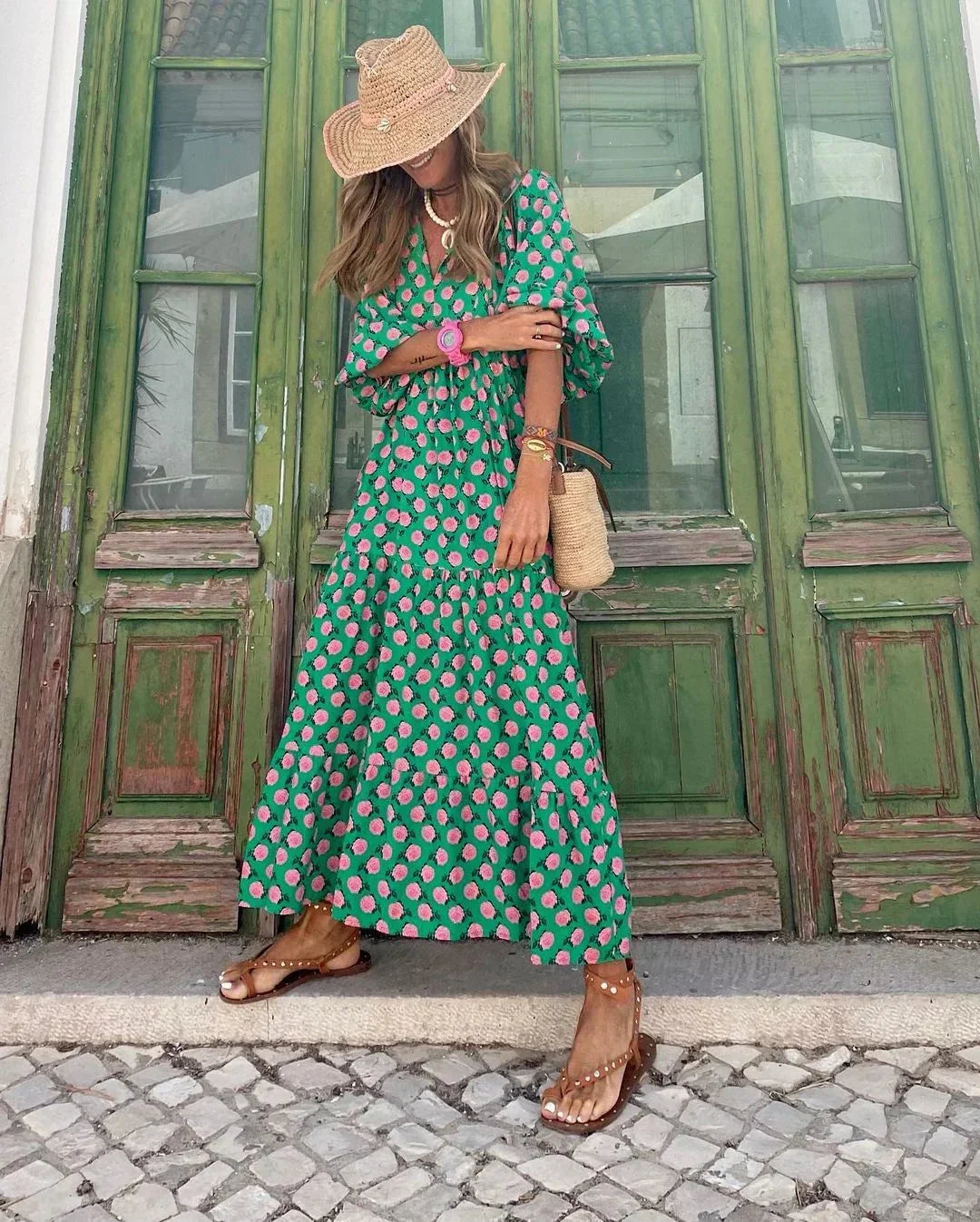 Vestido largo mujer con cuello en V y mangas largas verano