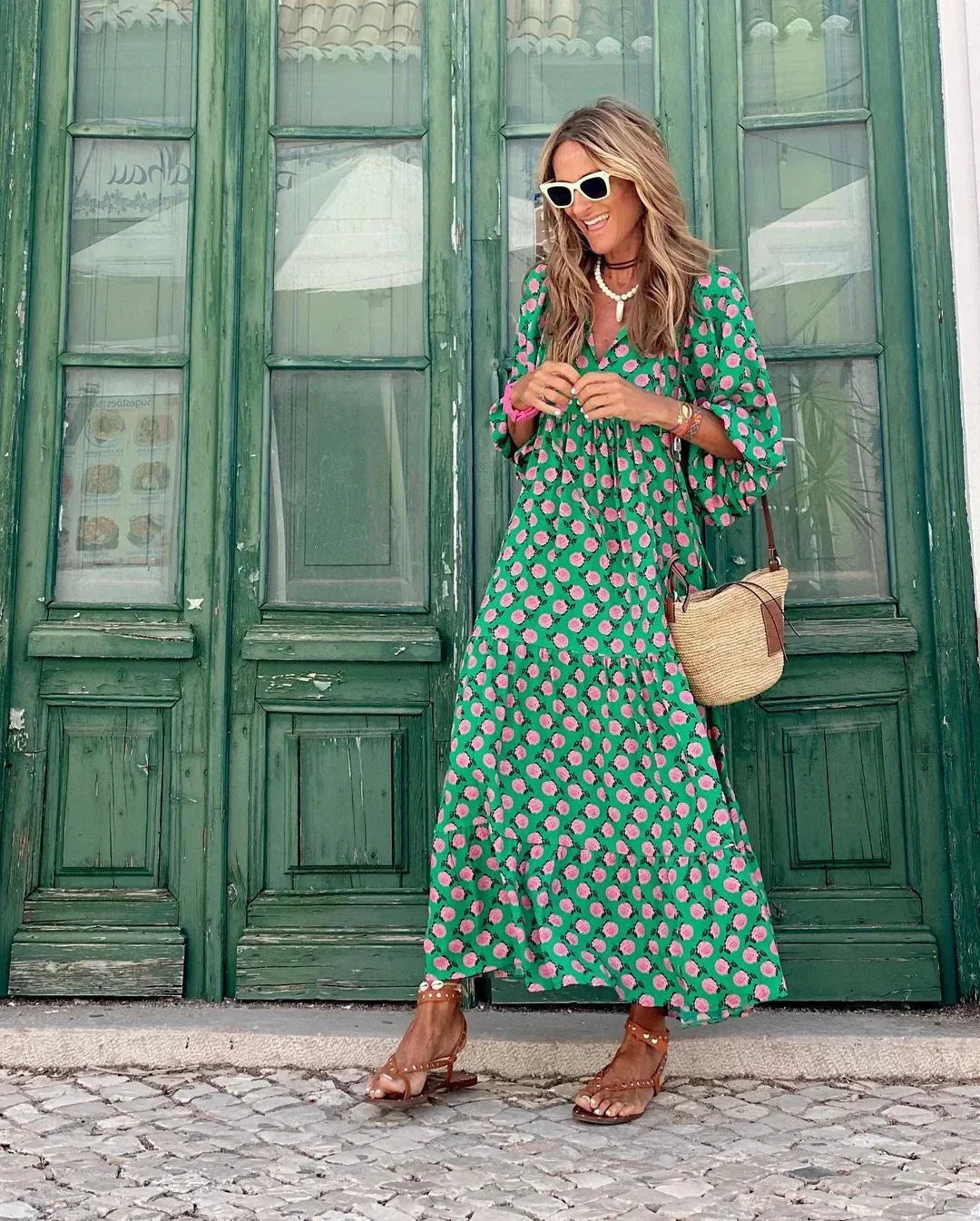 Vestido largo mujer con cuello en V y mangas largas verano
