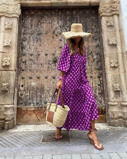 Vestido largo mujer con cuello en V y mangas largas verano