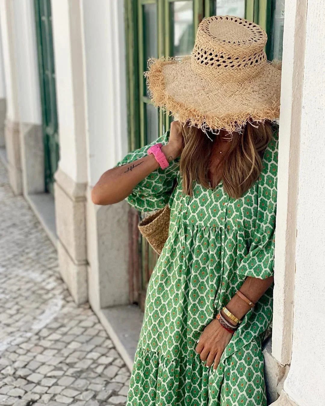 Vestido largo mujer con cuello en V y mangas largas verano