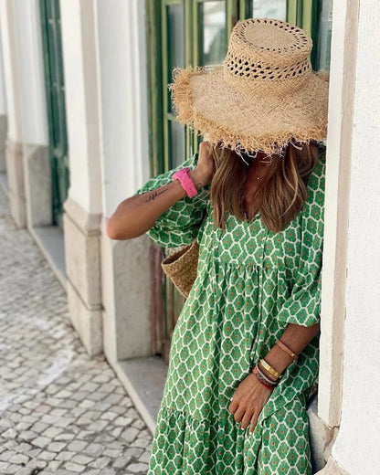 Vestido largo mujer con cuello en V y mangas largas verano
