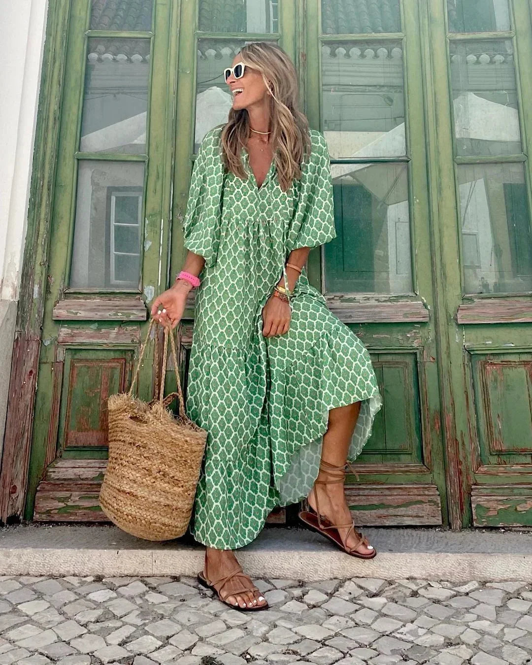 Vestido largo mujer con cuello en V y mangas largas verano