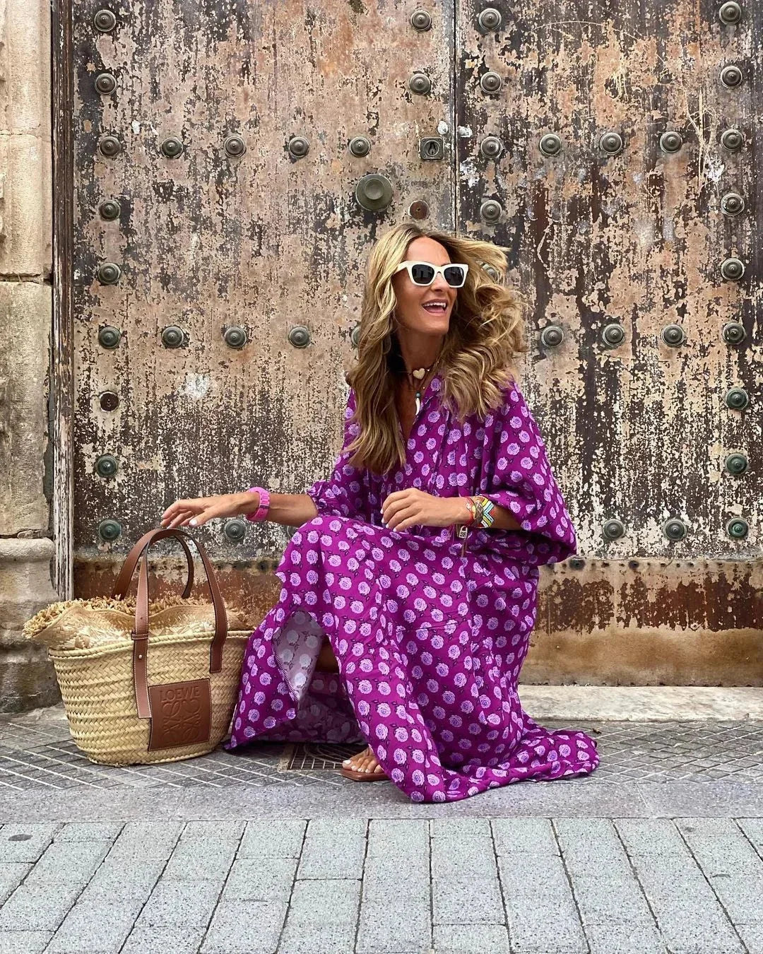 Vestido largo mujer con cuello en V y mangas largas verano