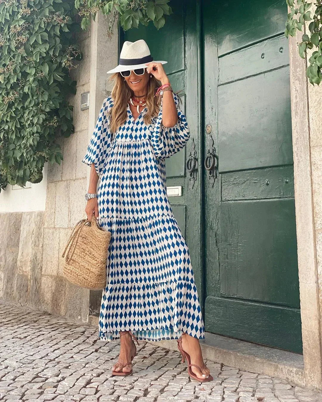 Vestido largo mujer con cuello en V y mangas largas verano