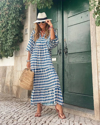 Vestido largo mujer con cuello en V y mangas largas verano