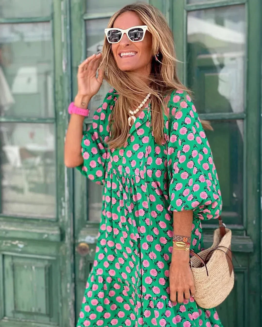 Vestido largo mujer con cuello en V y mangas largas verano