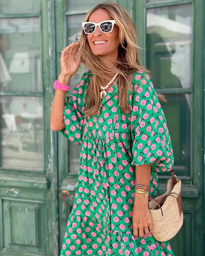 Vestido largo mujer con cuello en V y mangas largas verano