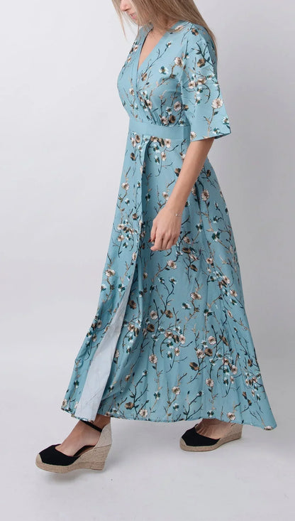 Vestido largo mujer azul claro flores verano cuello en V