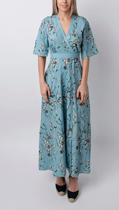 Vestido largo mujer azul claro flores verano cuello en V