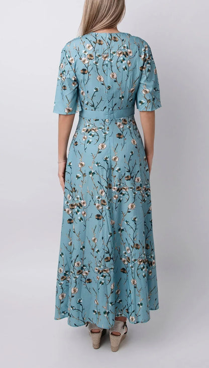 Vestido largo mujer azul claro flores verano cuello en V