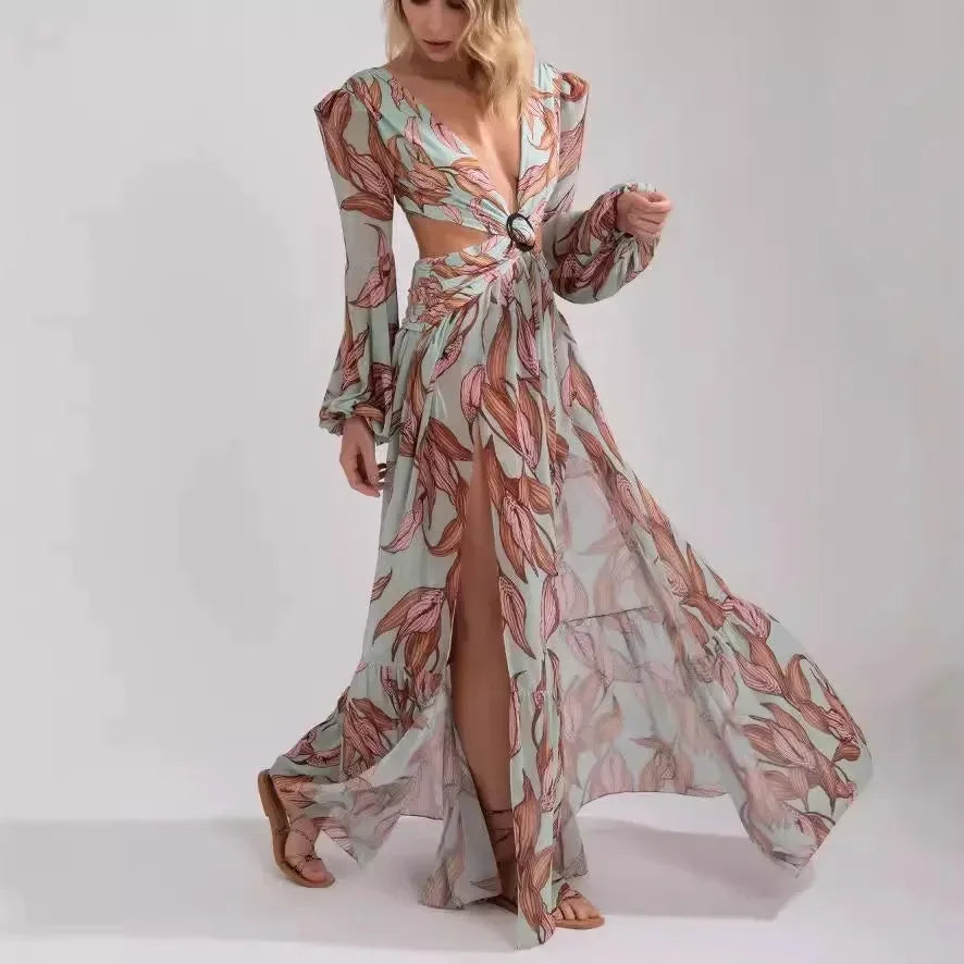 Vestido largo mujer con cuello en V con estampado y espalda recortada