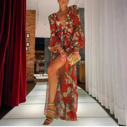 Vestido largo mujer con cuello en V con estampado y espalda recortada