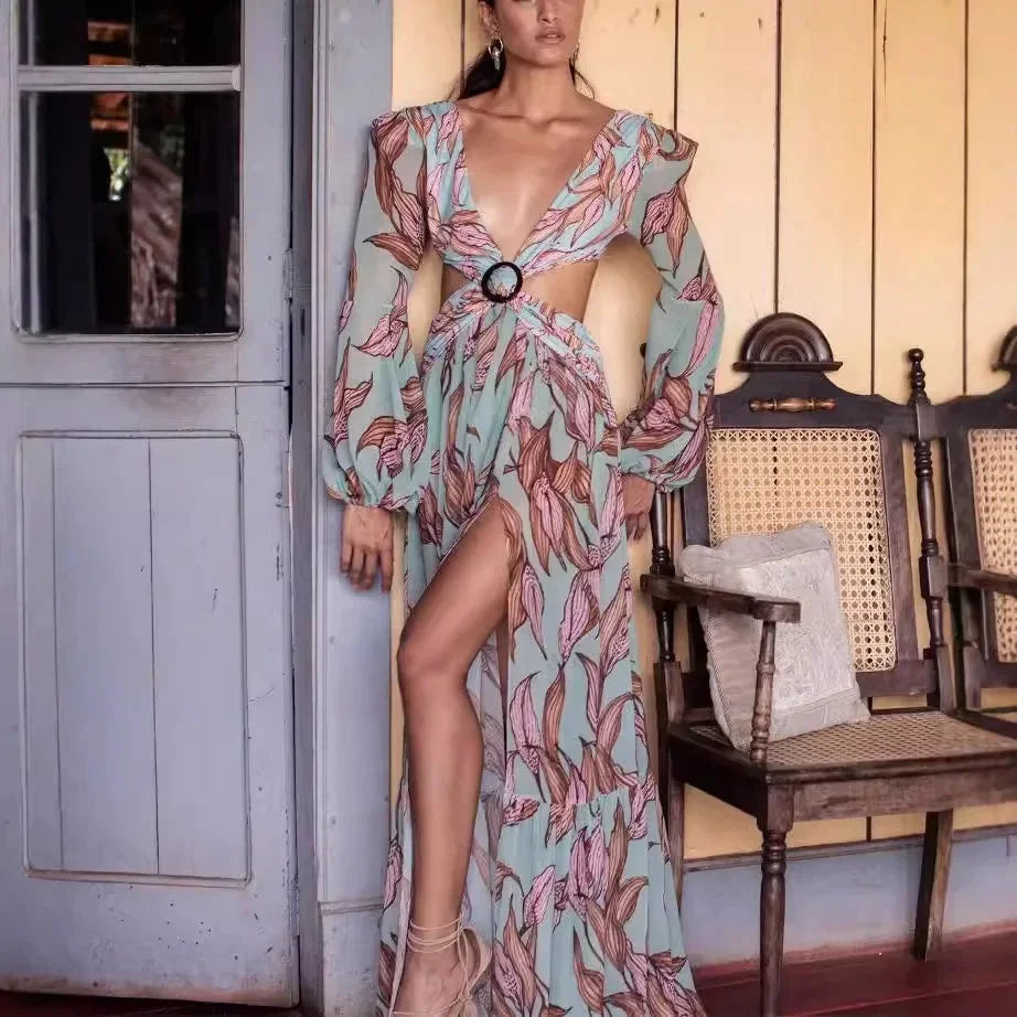 Vestido largo mujer con cuello en V con estampado y espalda recortada