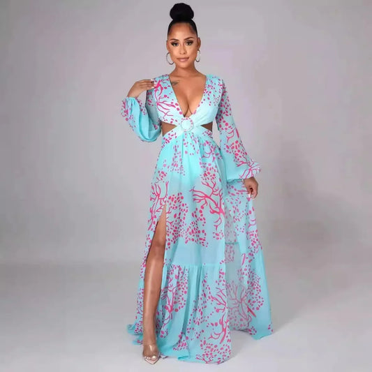 Vestido largo mujer con cuello en V con estampado y espalda recortada