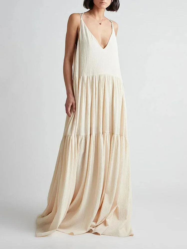 Vestido largo de mujer marfil con cuello en V y tirantes finos para verano