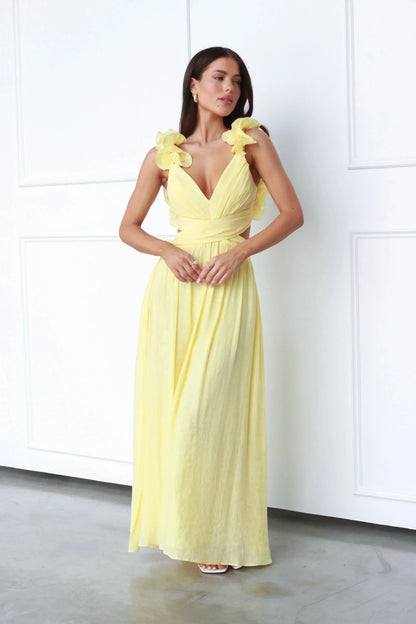 Vestido largo mujer amarillo con escote en V y Hombro floreado