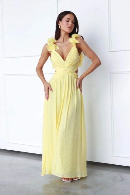 Vestido largo mujer amarillo con escote en V y Hombro floreado
