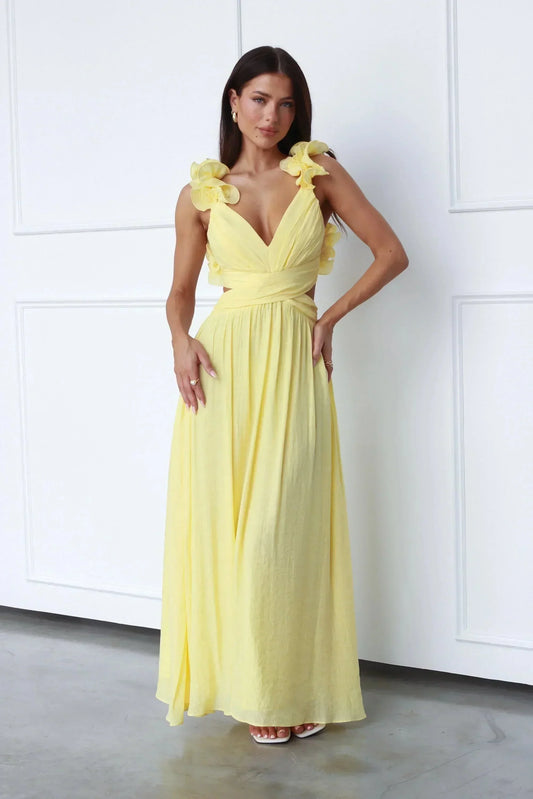Vestido largo mujer amarillo con escote en V y Hombro floreado