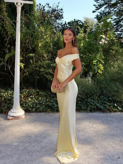 Vestido largo satinado amarillo Hombros descubiertos de fiesta