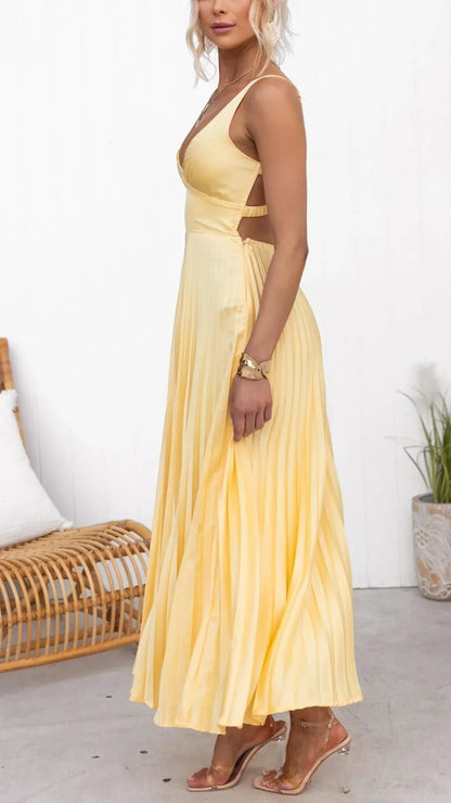 Vestido largo plisado amarillo con cuello en V sin mangas verano
