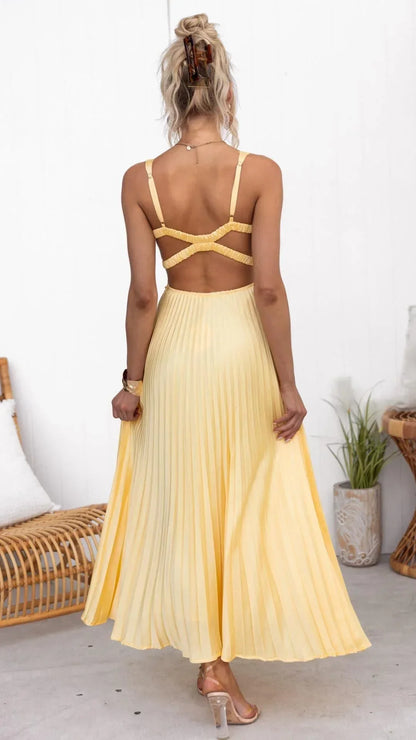 Vestido largo plisado amarillo con cuello en V sin mangas verano