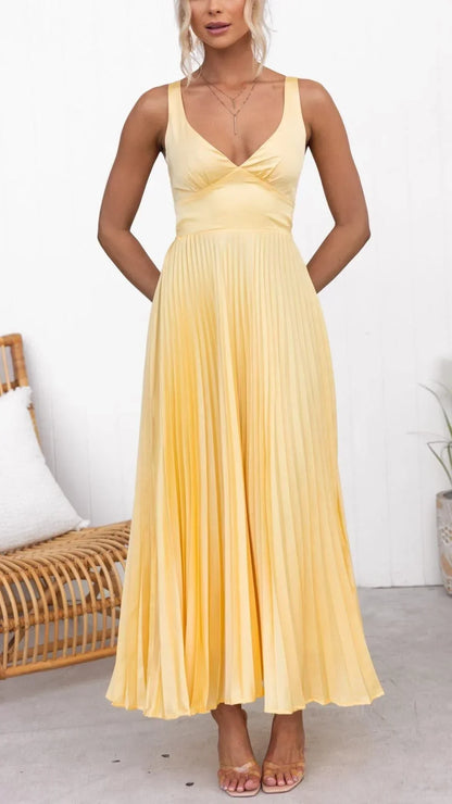 Vestido largo plisado amarillo con cuello en V sin mangas verano