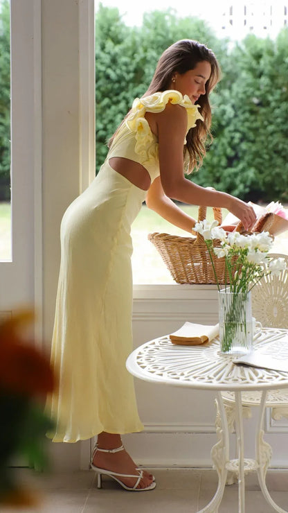 Vestido largo mujer asimétrico amarillo para noches elegantes