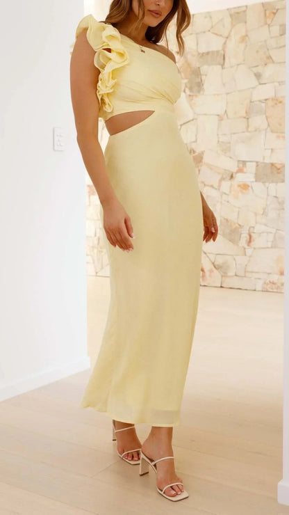 Vestido largo mujer asimétrico amarillo para noches elegantes