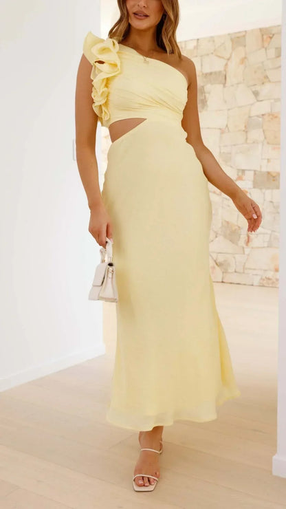 Vestido largo mujer asimétrico amarillo para noches elegantes